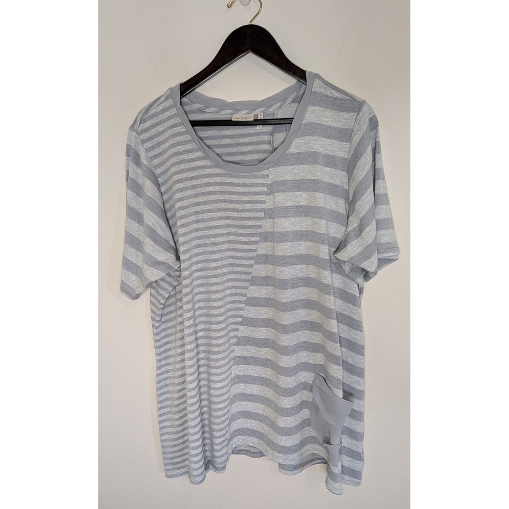 LOGO size 3x Mixed Striped Sweater Chiffon Trim Collar/Pocket Boho Lagenlook